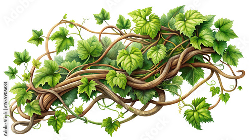 Lush Grapevine Illustration with Intertwined Branches and Vibrant Green Leaves on a Transparent Background for Creative Projects