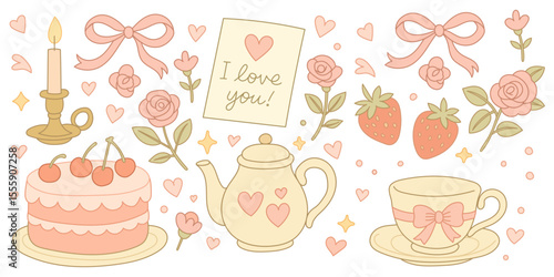 Set of hand drawn coquette elements for Valentines day. Collection of hand-drawn, romantic illustrations in soft pink tones. It includes various elements commonly associated with love and affection.