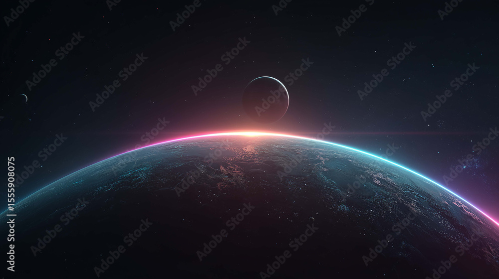 Fototapeta premium Surreal space composition with no life, only glowing planets, stars, and beautiful silence