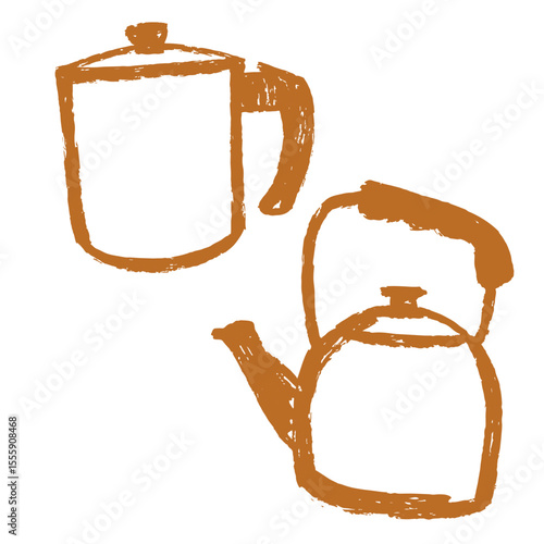 Hand-drawn teapot and coffee pot illustration in rustic brown crayon style on white background
