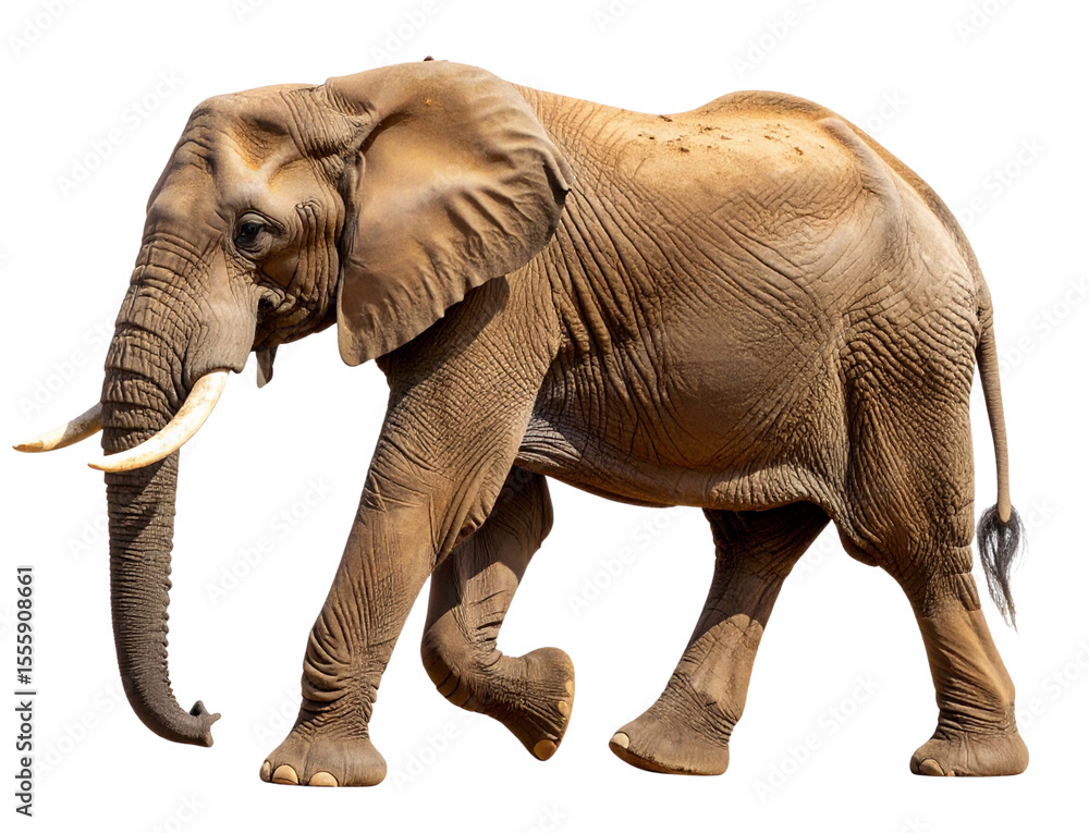 Fototapeta premium Side View of a Majestic African Elephant Walking in Savannah, isolated on transparent background.