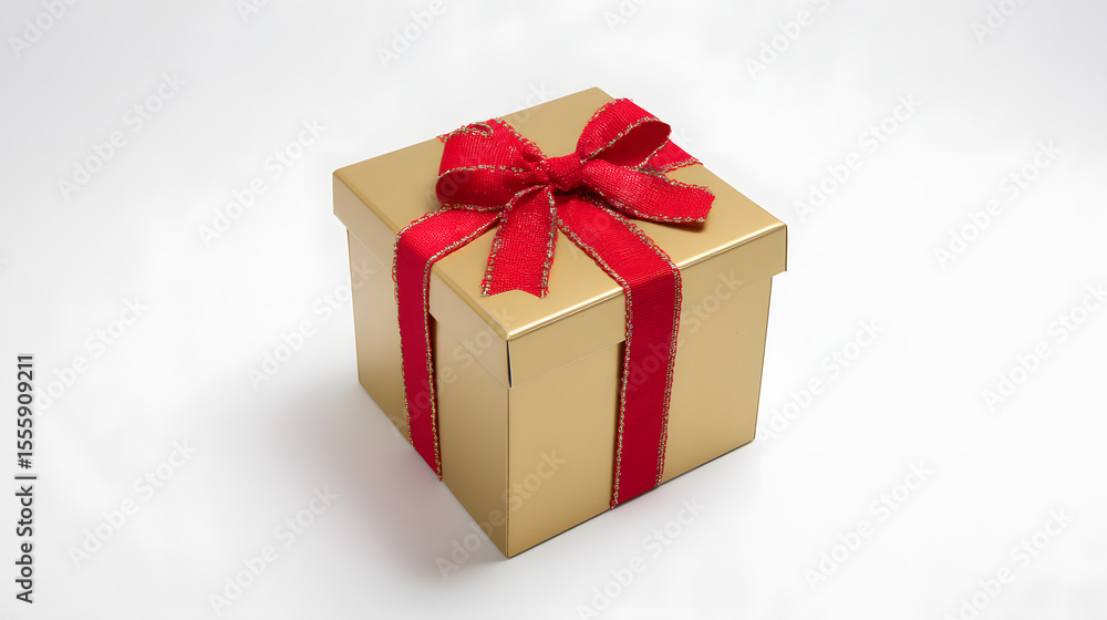 Obraz premium Golden gift box with red ribbon bow, elegant and festive, symbolizing luxury and celebration