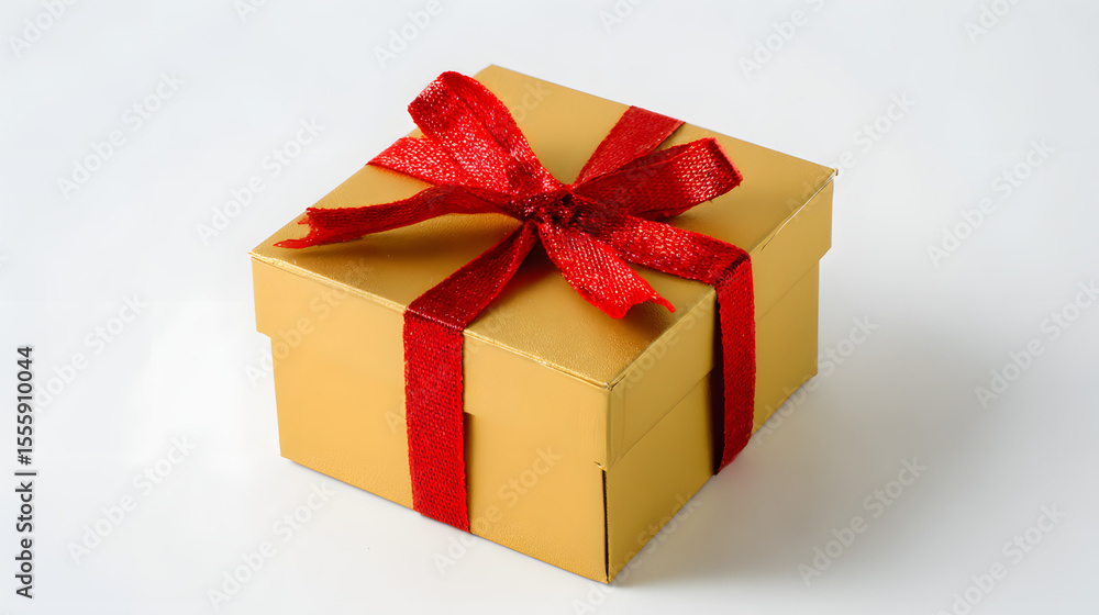 Obraz premium Golden gift box with red ribbon bow, elegant and festive, symbolizing luxury and celebration