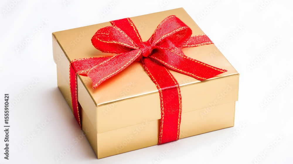 Obraz premium Golden gift box with red ribbon bow, elegant and festive, symbolizing luxury and celebration