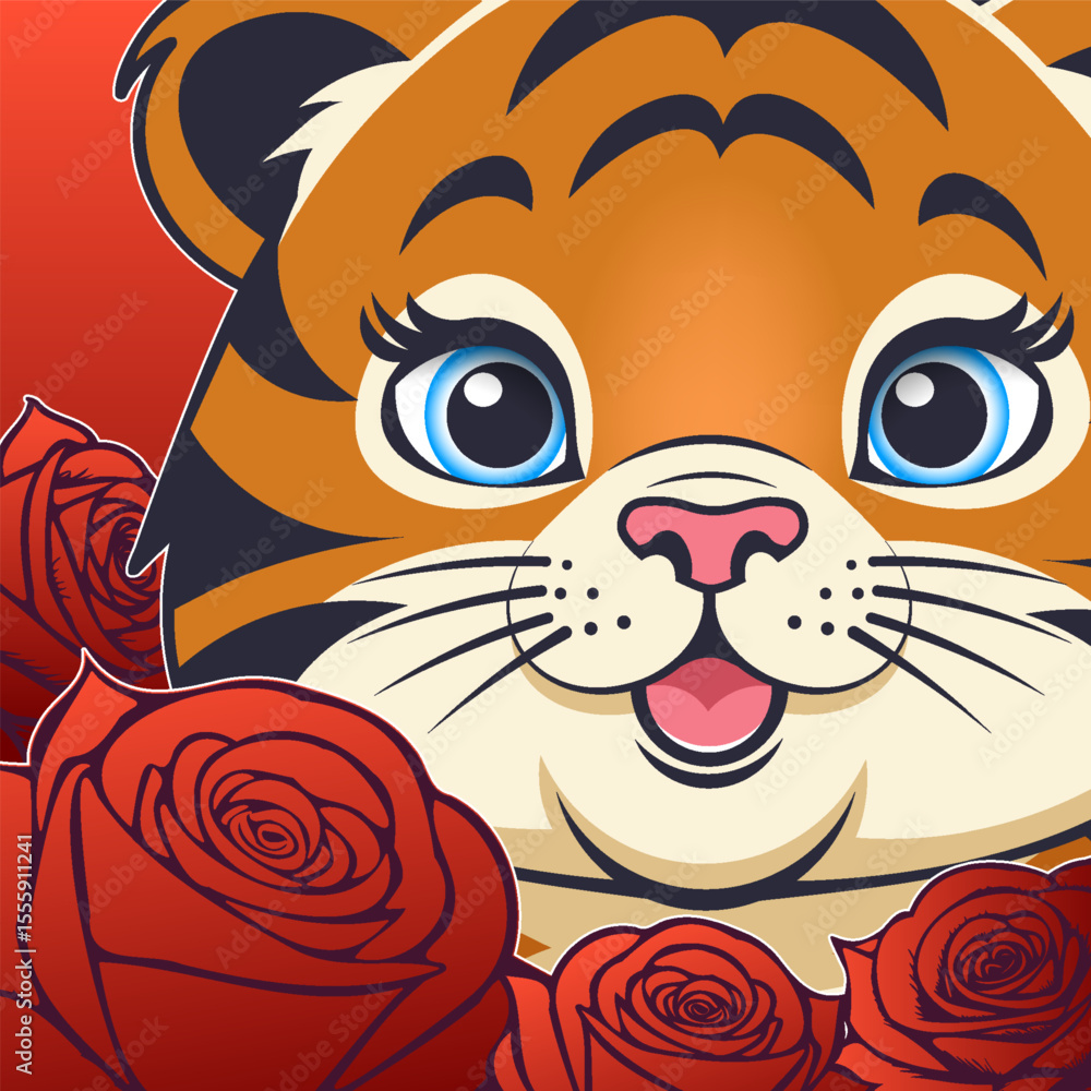 Naklejka premium Vector cartoon bright colorful square sticker. Portrait of small smiling cute toon tiger cub in red roses. Close-up face