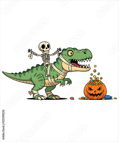 Skeleton rides a bandaged T-Rex, enjoying Halloween treats