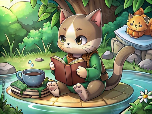 Cozy Cat Reading by the Pond: Whimsical Nature Scene with a Book