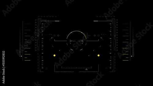 Symmetrical, futuristic heads-up display element with yellow indicators, arcs, and lines animating on a black background. Sci-fi or gaming UI overlay