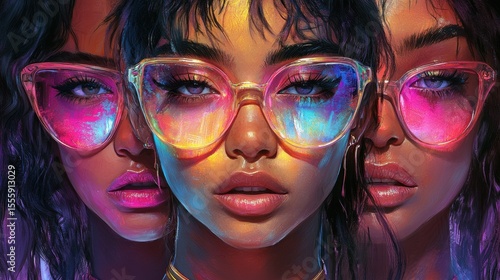 Futuristic neon portrait of three girls with glowing glasses in vibrant purple and pink hues