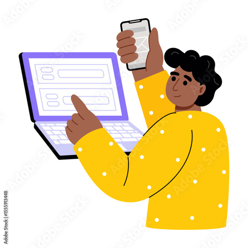 A flat style illustration showing a person doing software testing