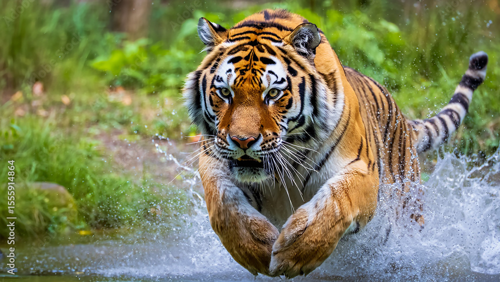 Fototapeta premium Powerful bengal tiger leaping through water with spraying droplets
