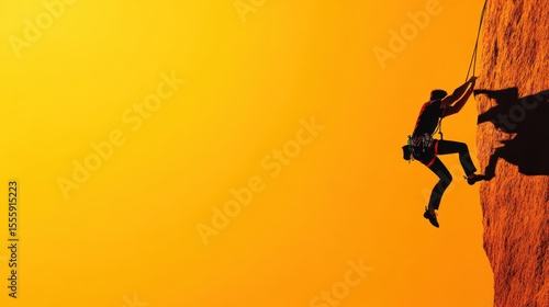 Climber scales a rocky surface against a vibrant orange sunset sky in an adrenaline-filled outdoor adventure