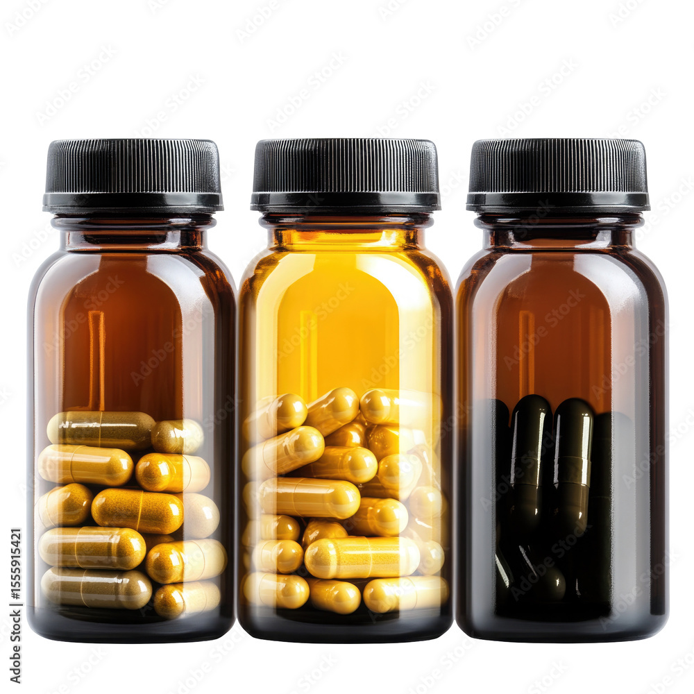Clean Set Of Nutrition Supplement Bottles isolated on a transparent background Clean Set Of Nutrition Supplement Bottles isolated on a transparent background