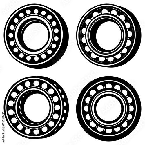 A collection of four black and white bearings with visible ball bearings in a circular configuration