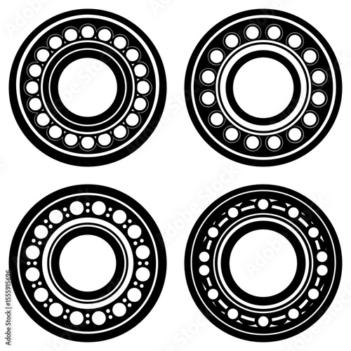 Four black and white circular mechanical bearings with ball bearings in a symmetrical arrangement design