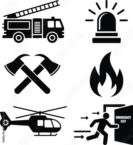 Black and white fire safety icons set