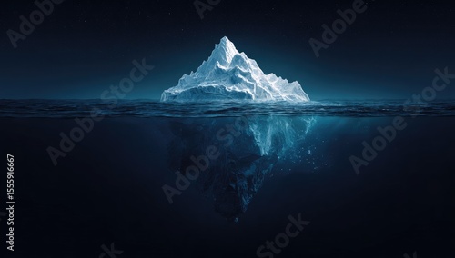 A majestic iceberg floats in dark ocean waters, a significant portion submerged, reflecting in the deep, night-time sea
