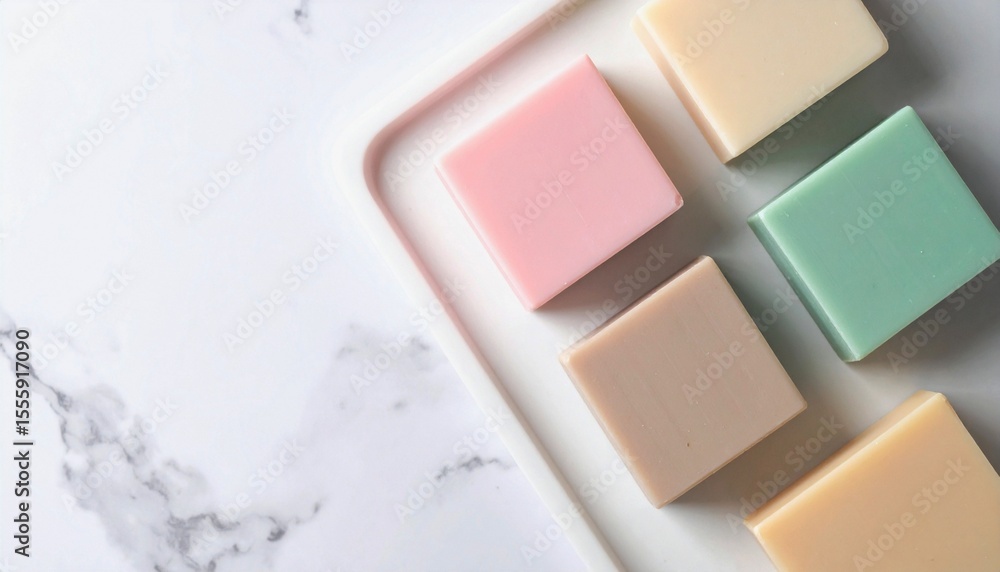 Fototapeta premium Pastel minimalist flat lay – Organic soaps on white marble tray, top view