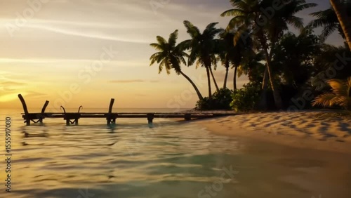 Tropical island beach sunset with wooden pier and palm trees
