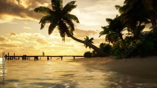 Tropical island beach sunset with wooden pier and palm trees