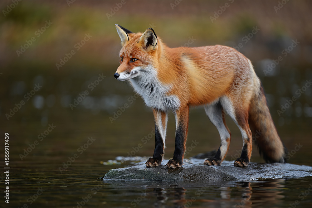 Fototapeta premium A red fox stands alert on a rock in shallow water