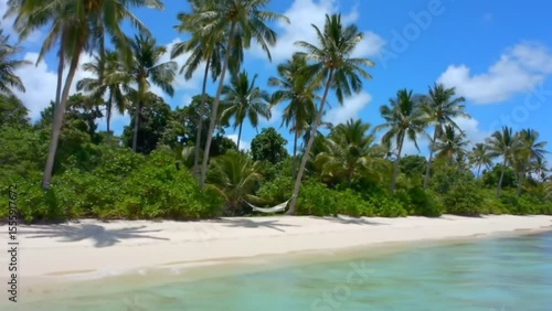 Tropical paradise beach with palm trees and hammock under blue sky
