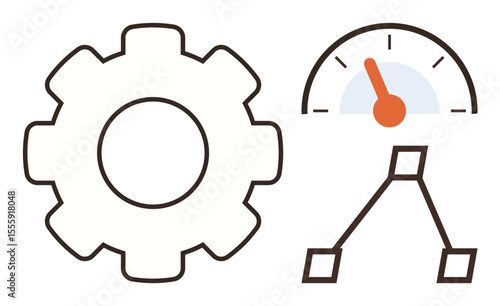 Gear, speedometer, and flowchart elements symbolize efficiency, performance measurement, and process management. Ideal for productivity, engineering, automation, innovation technology strategy