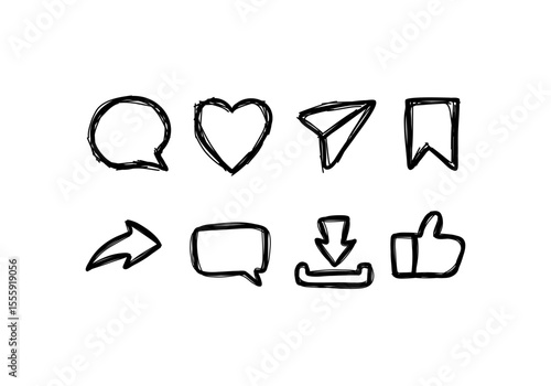 Set of social media icon in scribble doodle style include Thumbs up, repost, share, like, comment, love, download, bookmark or save, and direct message. Vector on isolated white background