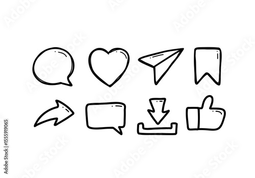 Doodle line Social media icon vector set include Thumbs up, repost, share, like, comment, love, download, bookmark or save, and direct message. Vector on isolated white background