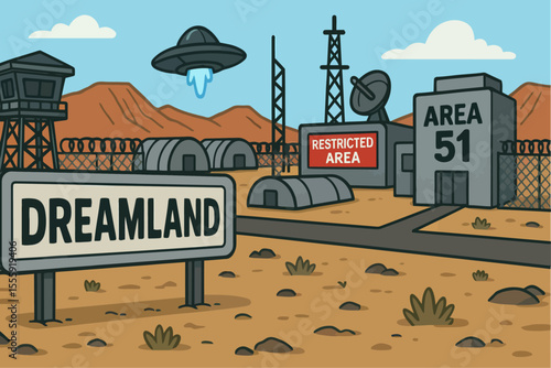 Cartoon Dreamland Area 51 Vector Illustration – Secret Base with UFO and Restricted Area Signs