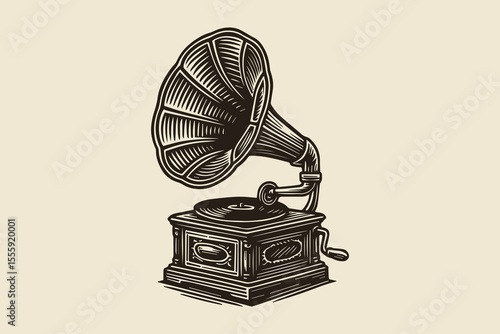 Vintage gramophone engraving style retro vector illustration