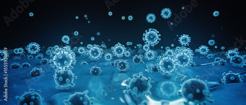 3D rendering of virus particles under microscope. Abstract biological background representing infection, disease, epidemic or pandemic. Virology and medical science concept.