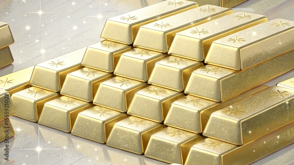 Golden Wealth: A mesmerizing arrangement of shimmering gold bars, meticulously stacked, symbolizes wealth, prosperity, and financial success in a captivating visual composition. Golden Wealth: A mesmerizing arrangement of shimmering gold bars, meticulously stacked, symbolizes wealth, prosperity, and financial success in a captivating visual composition.
