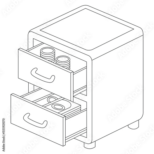 Money Cabinet Outline Vector with Coins and Bills.