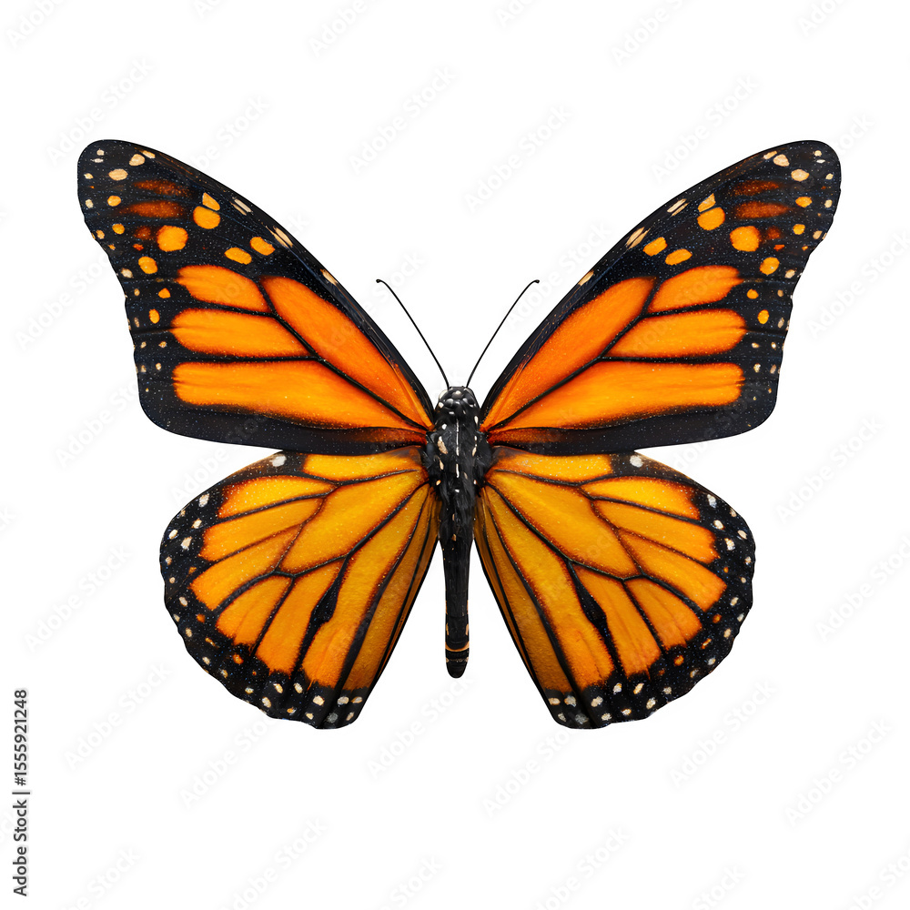 Obraz premium Orange-and-black monarch butterfly perched sideways, open wing symmetry, clean detailing on pattern and body, minimal shadow, isolated PNG in 8K macro style