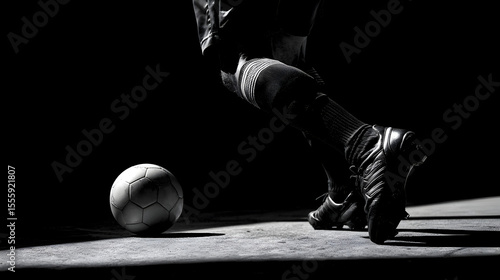 A dramatic black and white image of a soccer ball and a player's foot about to kick it