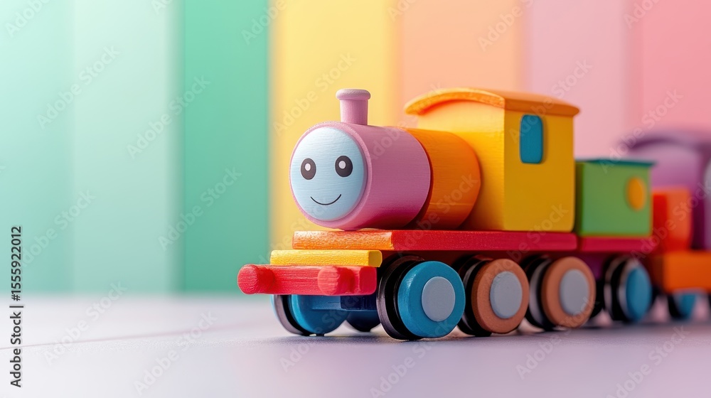 Fototapeta premium Colorful wooden train toy on a vibrant background showcases playful design and cheerful aesthetics, perfect for children's play and decoration in a cozy living space
