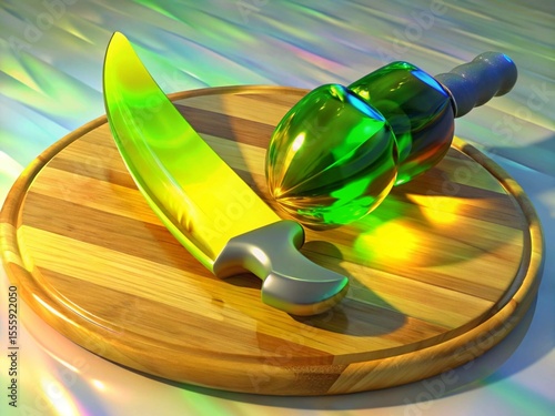Shiny Knife and Sliced Lime: Vibrant Kitchen Art on a Wooden Board