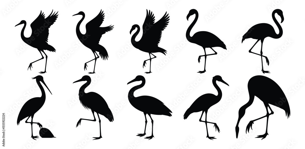 Obraz premium Silhouette collection of elegant birds including herons, cranes, and flamingos in various poses, movements, and flying positions on white