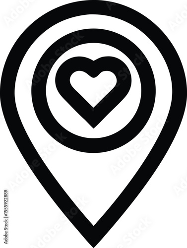 Map pin with heart inside, favorite location concept, black and white