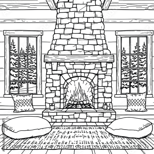 Black-and-White Vector Illustration of a Stone Fireplace Scene – Cozy Winter Interior with Pillows and Rug