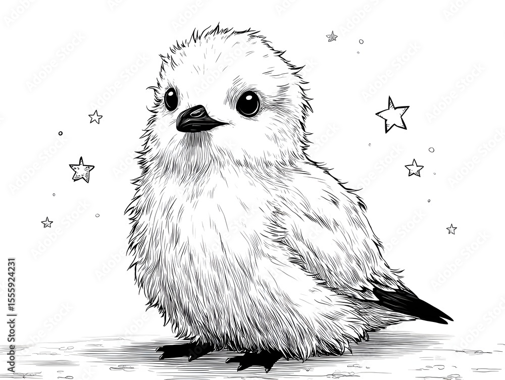 Fototapeta premium A fluffy white baby bird with black eyes stands surrounded by stars in a whical ink drawing art piece.