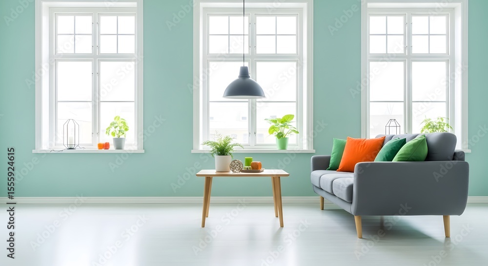 Modern Living Room Interior with Sofa and Houseplants Modern Living Room Interior with Sofa and Houseplants