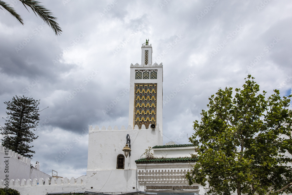 Obraz premium Minaret Zawya Moulay w pobliżu zamku królewskiego w mieście Tetuan w Maroku. 