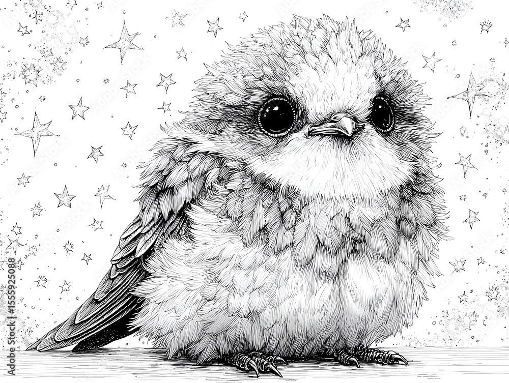 Fototapeta premium An adorable fluffy baby bird with big black eyes sits amidst shimme stars in a pencil sketch drawing.