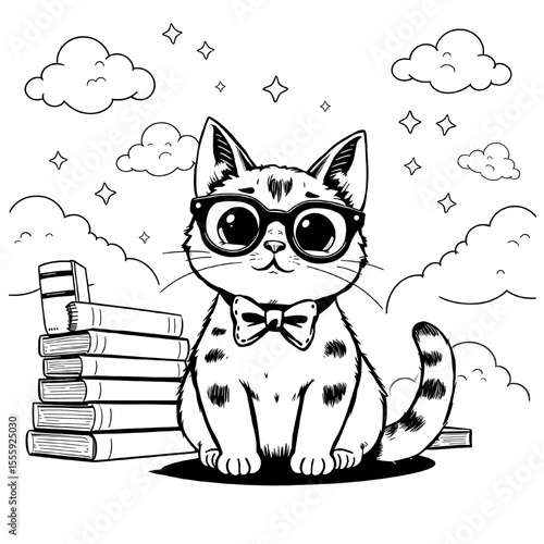 Smart Cat's Study: An intellectual feline dons glasses and a bow tie, surrounded by a stack of books and whimsical stars, representing the joy of knowledge and learning.