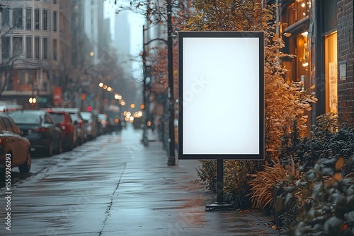 Blank Billboard on Wet City Street with Autumnal Foliage and Bok
