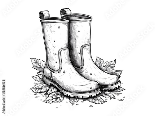 Autumn rain boots engraving, vintage seasonal fashion, fall weather gear icon, trendy engraved decor, black sketch, old engraving style, rustic fall accessories, cozy autumn style,