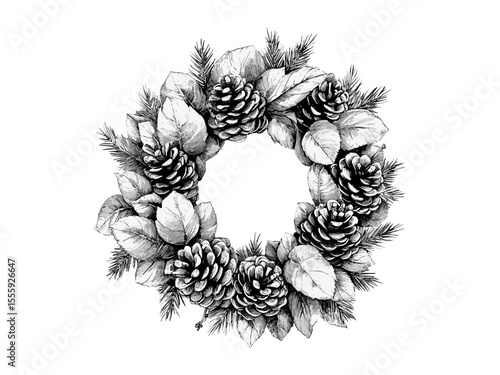 Rustic autumn pinecone wreath, vintage black sketch style, fall nature decor, hand-drawn seasonal motif, old engraving style, harvest decoration, botanical drawing, cozy fall vibes