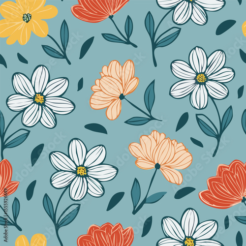 Hand-drawn Floral Seamless Pattern with Daisies and Leaves – Vintage Botanical Design